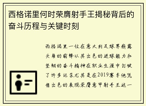 西格诺里何时荣膺射手王揭秘背后的奋斗历程与关键时刻